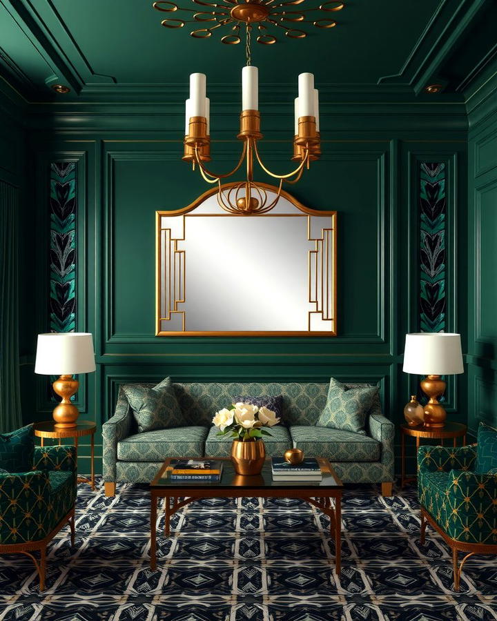 Art Deco Inspired Dark Green Living Room - 30 Dark Green Living Room Ideas