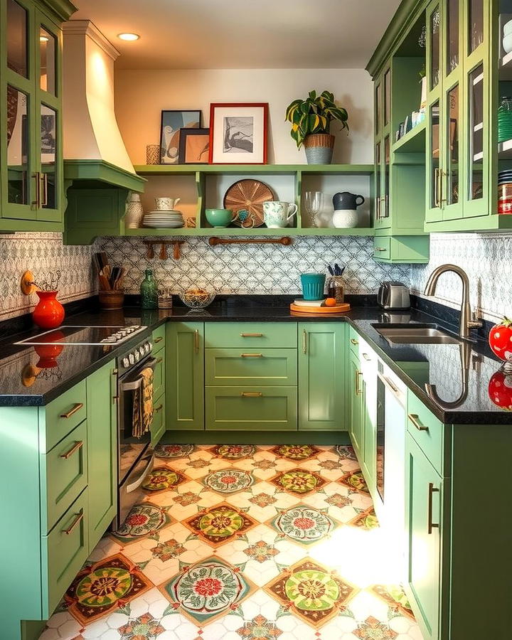 Artistic Eclecticism - 30 Green Kitchen Cabinets With Black Countertops