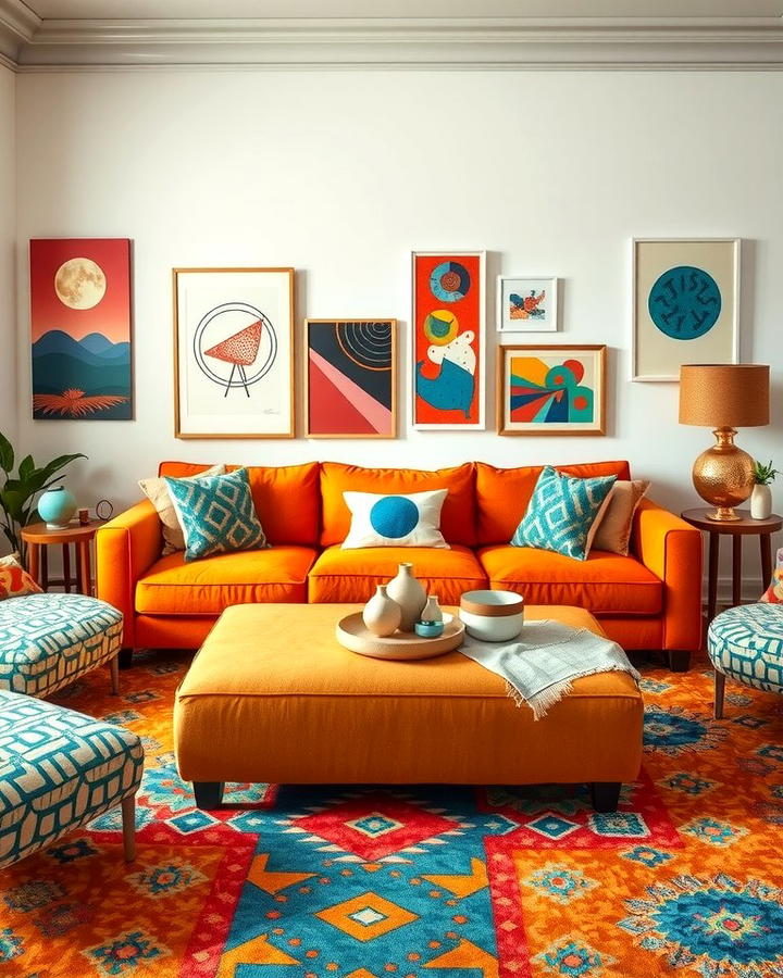 Artistic Flair with Abstract Patterns - 25 Orange Couch Living Room Ideas