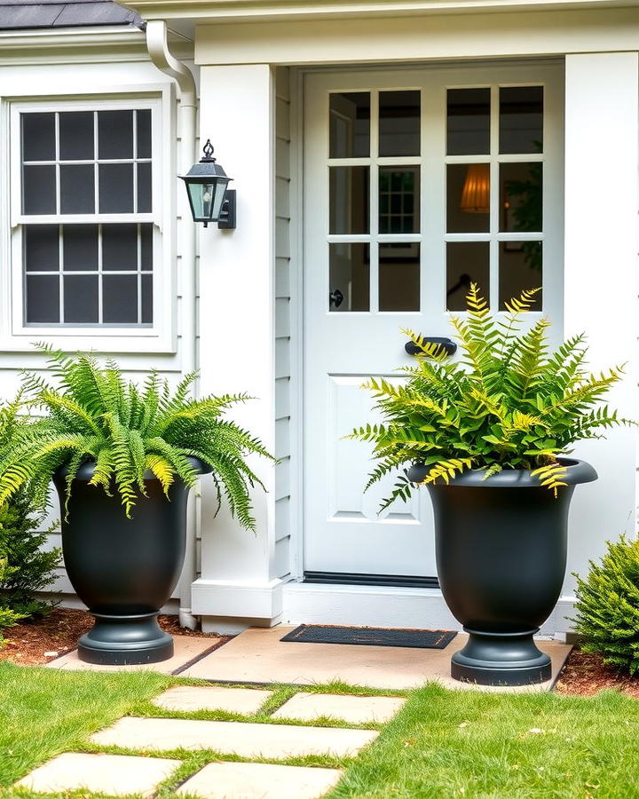 Artistic Landscaping Black Planters with Greenery - 30 single story white house black trim