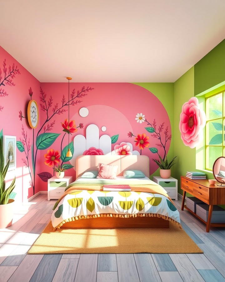 Artistic Murals with Pink and Green - 25 Pink and Green Bedroom Ideas