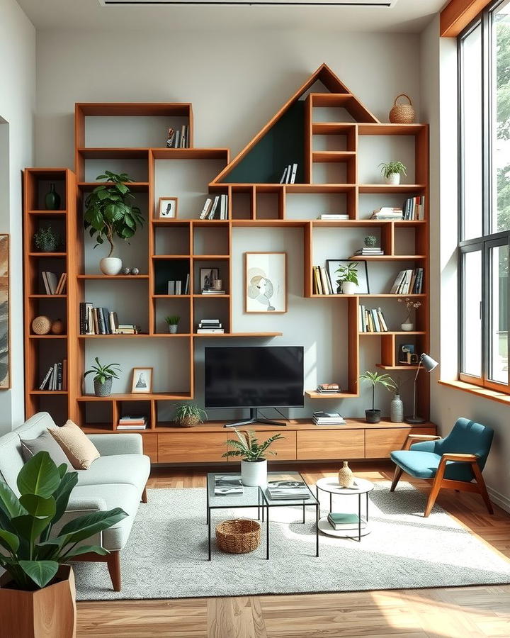 Asymmetrical Shelving for Visual Interest - 30 Living Room Shelf Ideas