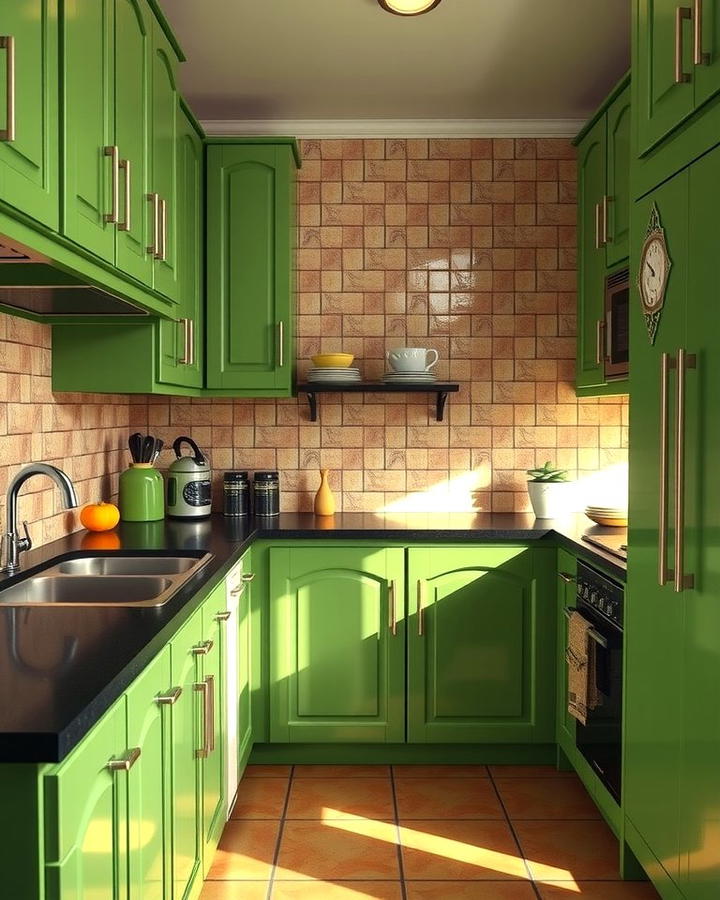 Avocado Green Cabinets with Black Tile Countertops - 30 Green Kitchen Cabinets With Black Countertops