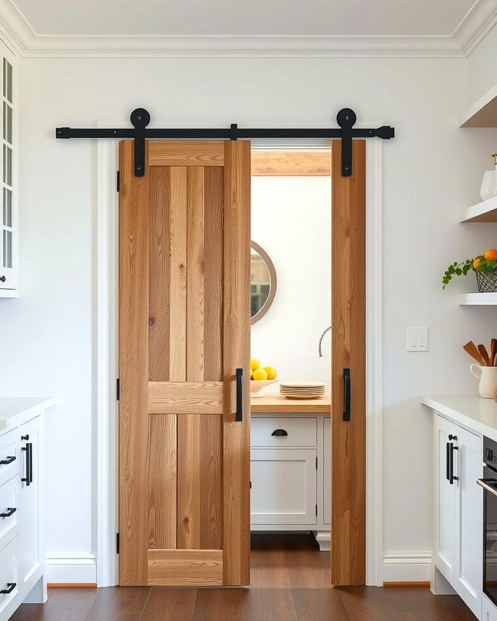 Barn Door Pantry Entrance - 30 White Farmhouse Kitchen Ideas