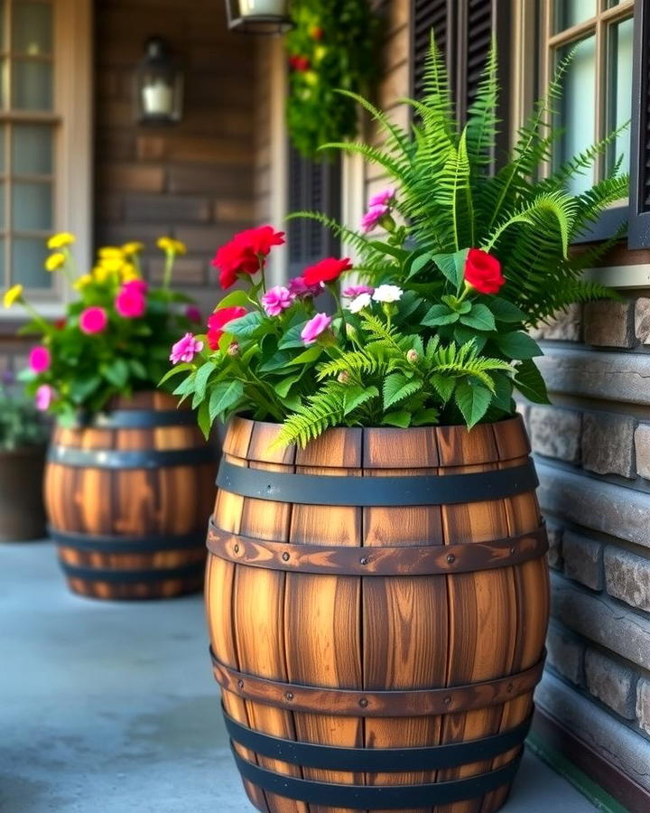 Barrel Planters - 25 Rustic Porch Ideas