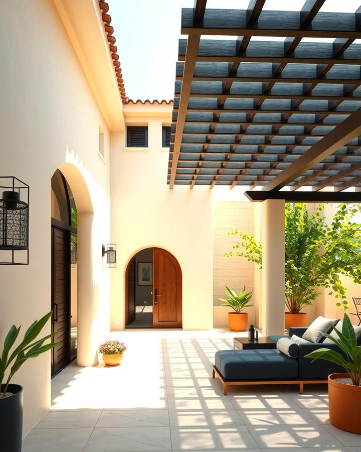 Beige Stucco with Black Pergola - 30 beige and black house exterior ideas