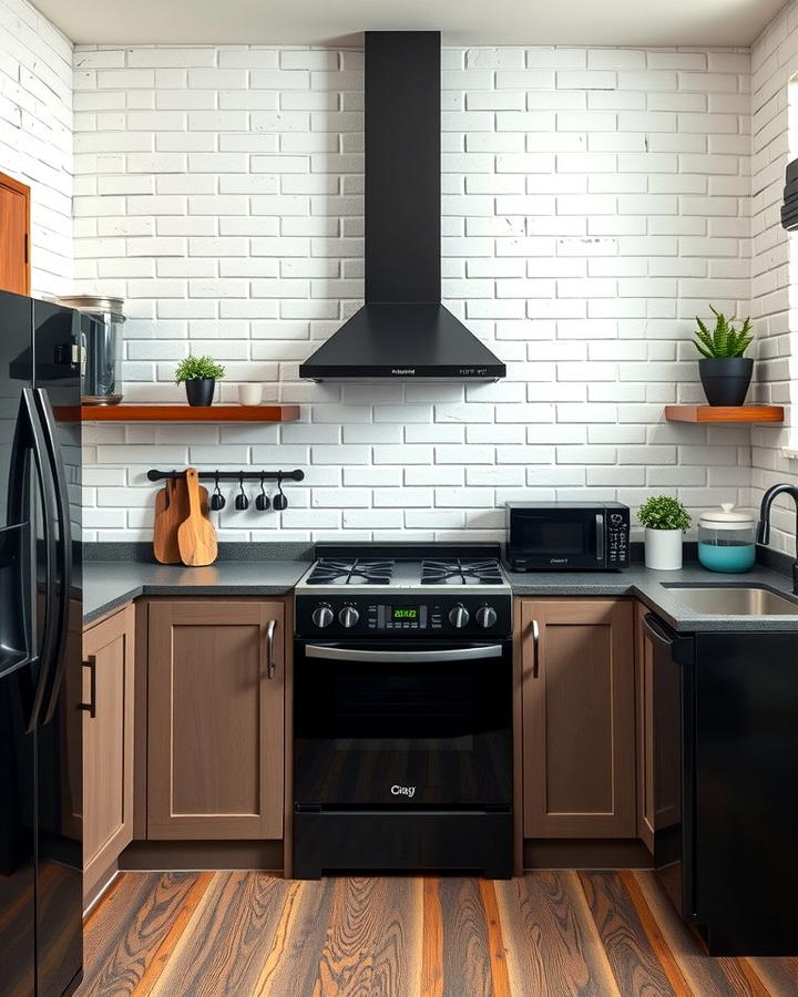 Black Appliances Against White Brick Walls - 30 White Kitchen with Black Appliances Ideas