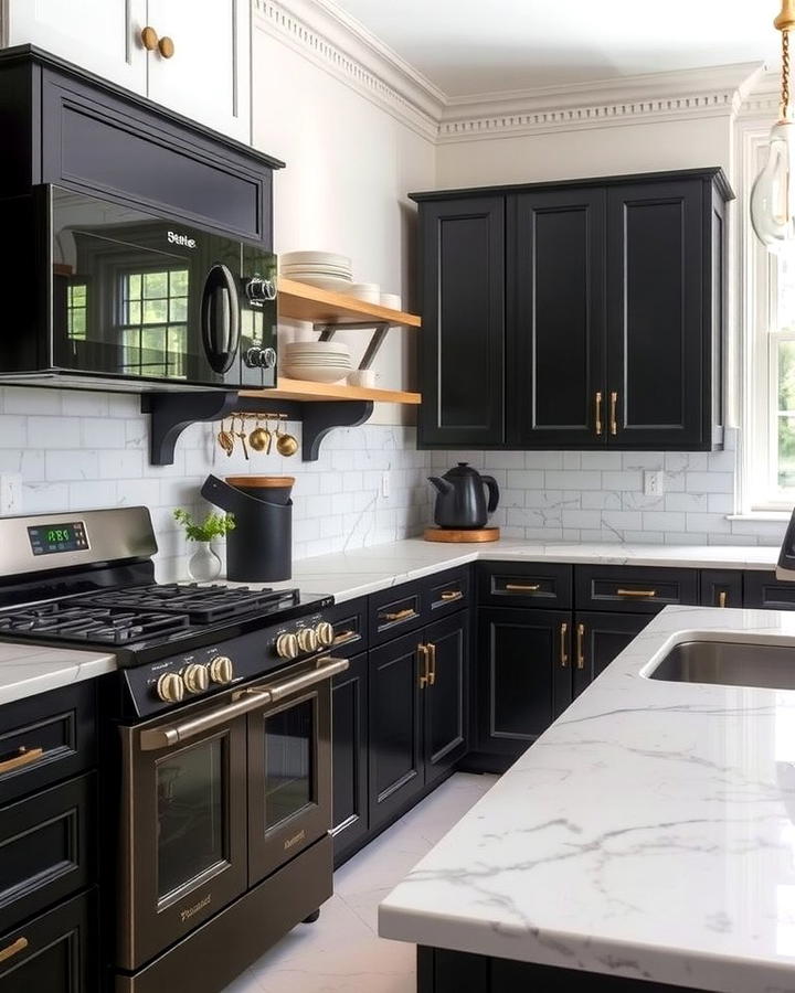 Black Appliances with Marble Countertops - 30 White Kitchen with Black Appliances Ideas