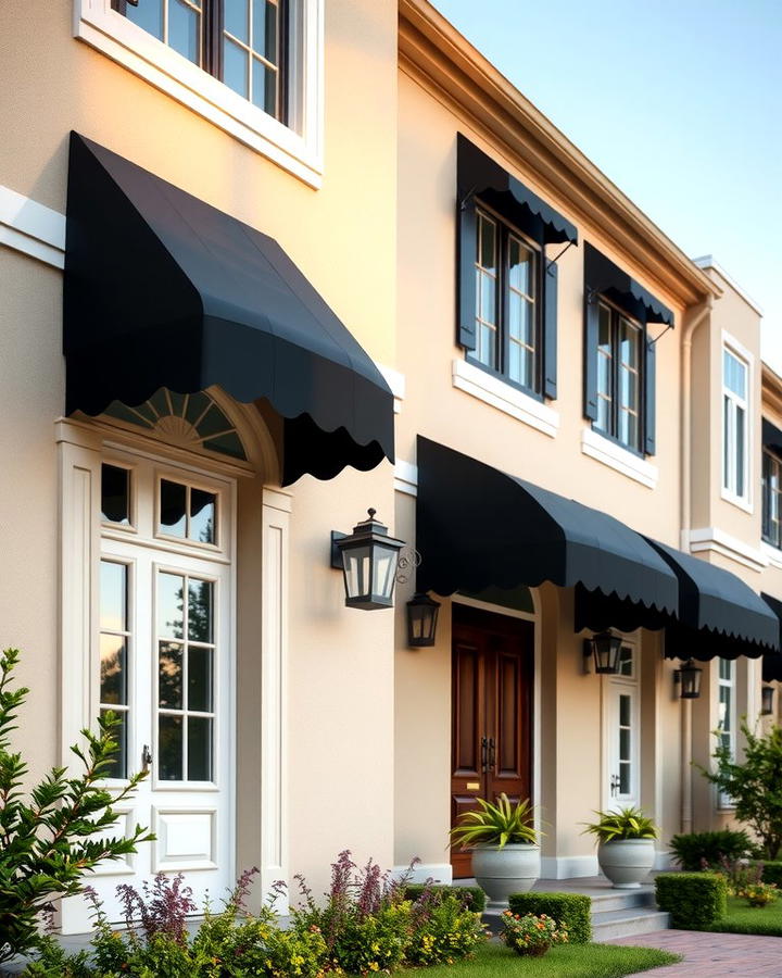 Black Awnings with Beige Facade - 30 beige and black house exterior ideas