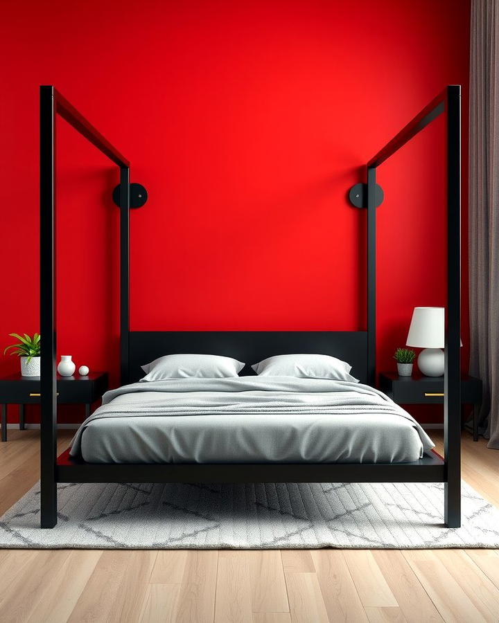 Black Bed Frame with Red Accent Wall - 25 Red and Black Bedroom Ideas