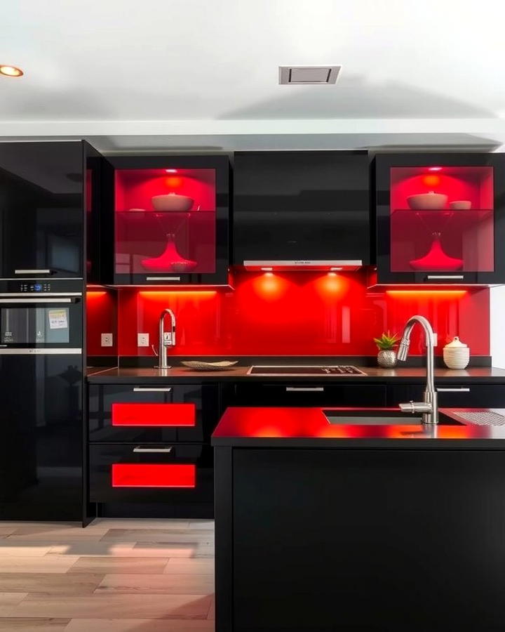 Black Cabinets with Red Glass Inserts - 25 red and black kitchen ideas