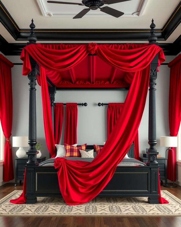 Black Canopy Bed with Red Drapes - 25 Red and Black Bedroom Ideas