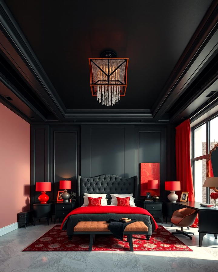 Black Ceiling with Red Decor Accents - 25 Red and Black Bedroom Ideas