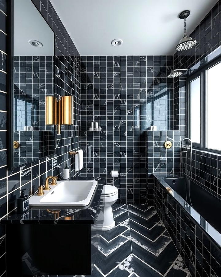 Black Countertops with Geometric Tiles - 30 bathroom with black countertops ideas