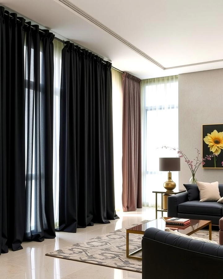 Black Curtains for Drama - 30 Black Living Room Ideas