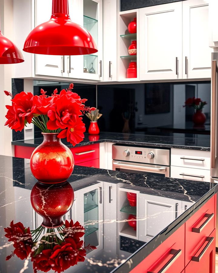 Black Granite Countertops with Red Accents - 25 red and black kitchen ideas