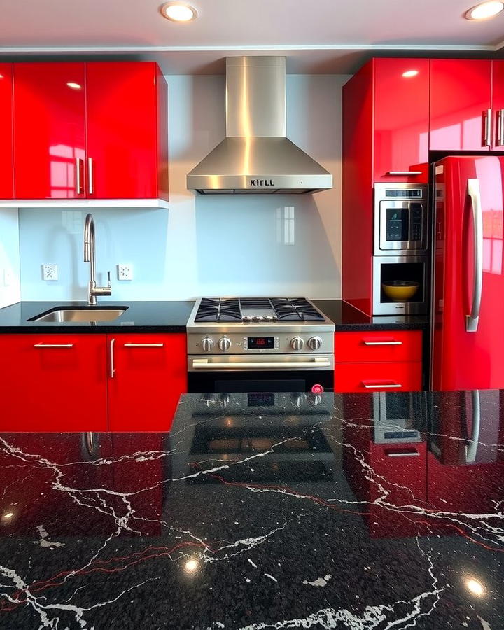 Black Granite Countertops with Red Appliances - 25 red and black kitchen ideas