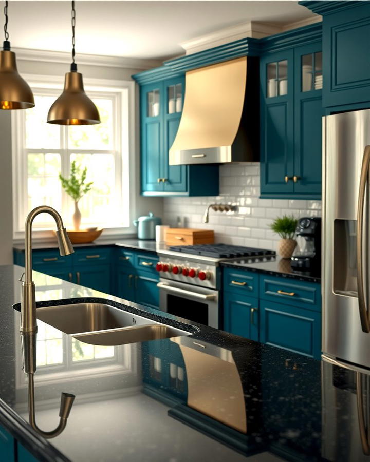 Black Granite Paired with Bold Cabinet Colors - 30 Black Granite Countertops Kitchen Ideas