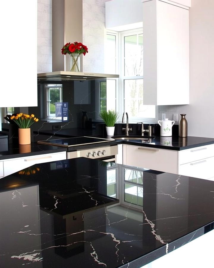 Black Granite with Backsplash Integration - 30 Black Granite Countertops Kitchen Ideas