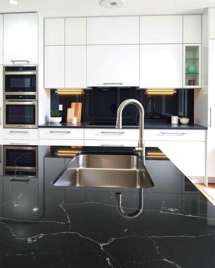 Black Granite with Integrated Sinks for Seamless Design - 30 Black Granite Countertops Kitchen Ideas