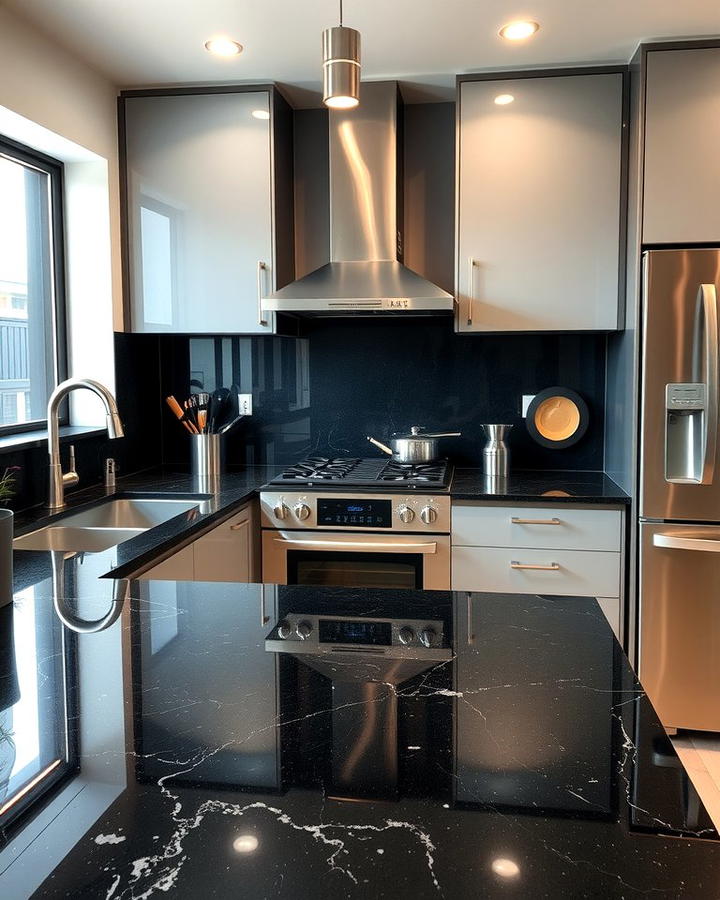 Black Granite with Stainless Steel Accents - 30 Black Granite Countertops Kitchen Ideas