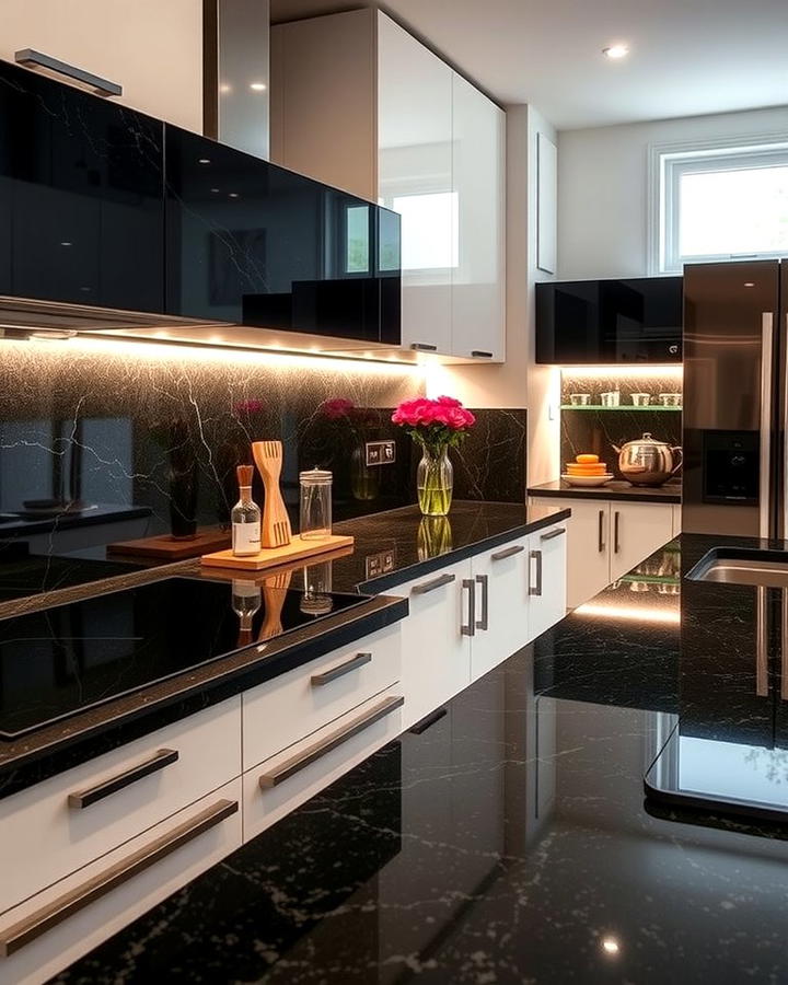 Black Granite with Under Cabinet Lighting - 30 Black Granite Countertops Kitchen Ideas