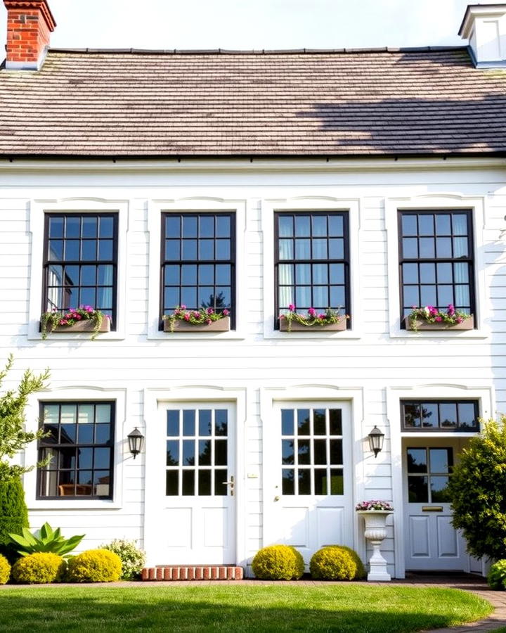 Black Grid Windows on a White Farmhouse - 25 White Farmhouse With Black Windows Ideas