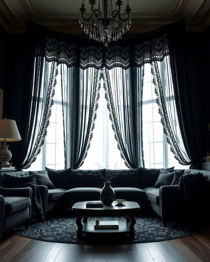 Black Lace Curtains - 30 Witchy Living Room Ideas