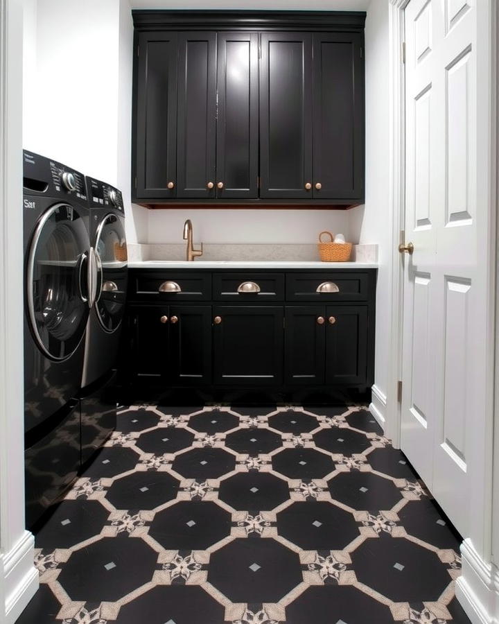 Black Laundry Room with Patterned Floors - 30 black laundry room ideas