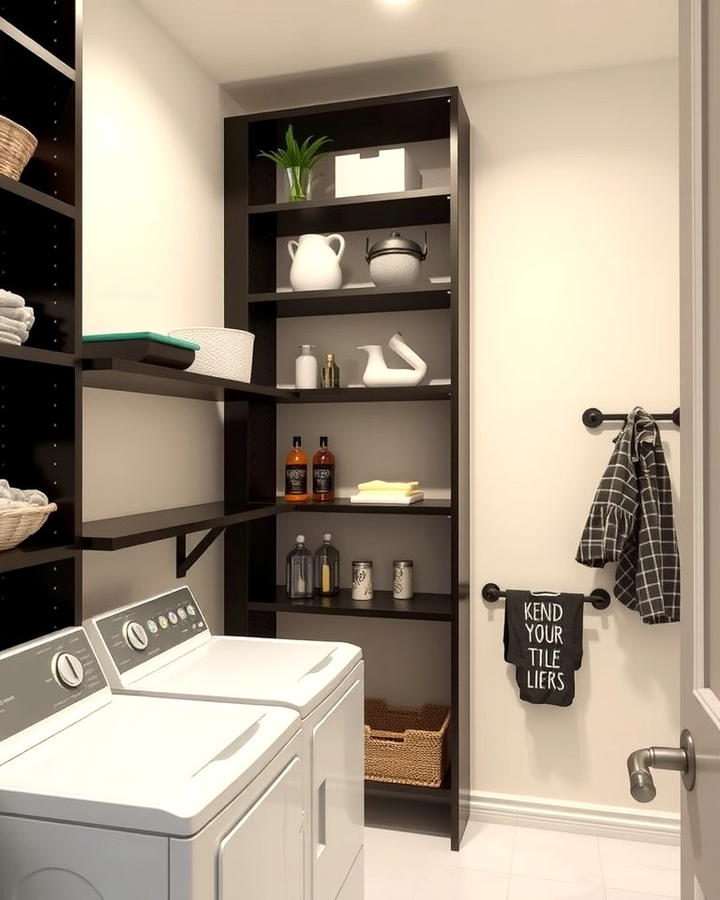 Black Open Shelving for Practicality - 30 black laundry room ideas