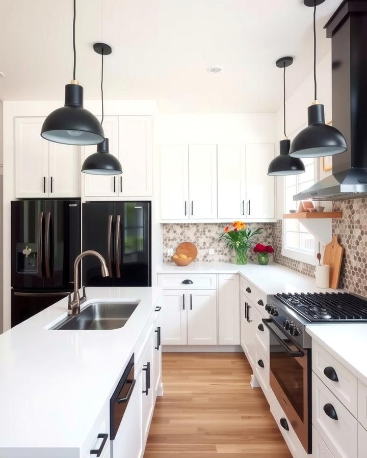 Black Pendant Lighting Over White Island - 30 White Kitchen with Black Appliances Ideas