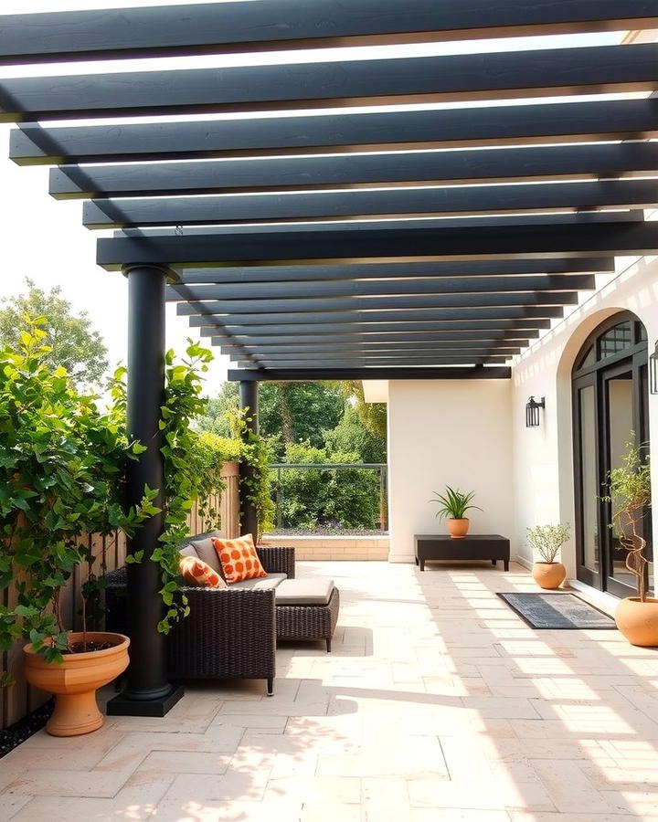 Black Pergola Over Beige Patio - 30 beige and black house exterior ideas