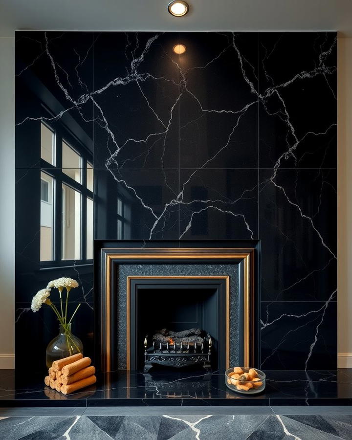 Black Quartz for Dramatic Contrast - 25 Quartz Fireplace Surround Ideas