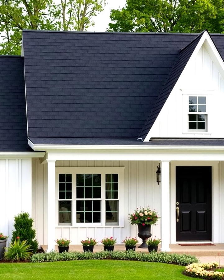 Black Roof with White Board and Batten Siding - 30 Exterior Home with a Black Roof Ideas