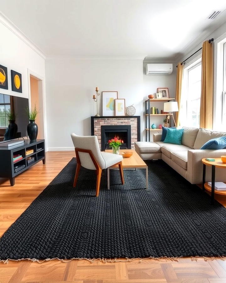 Black Rugs for Grounding the Space - 30 Black Living Room Ideas