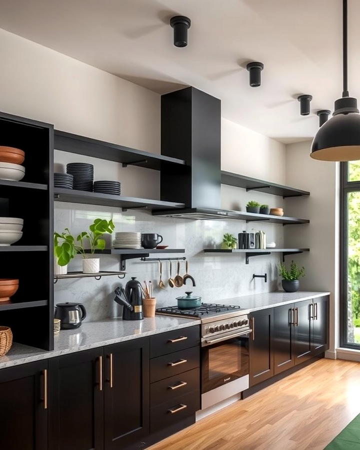 Black Shelves for a Bold Statement - 25 Open Shelving Kitchen Ideas