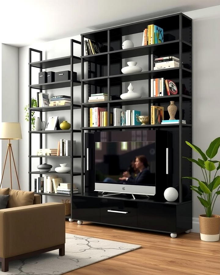 Black Shelving Units - 30 Black Living Room Ideas