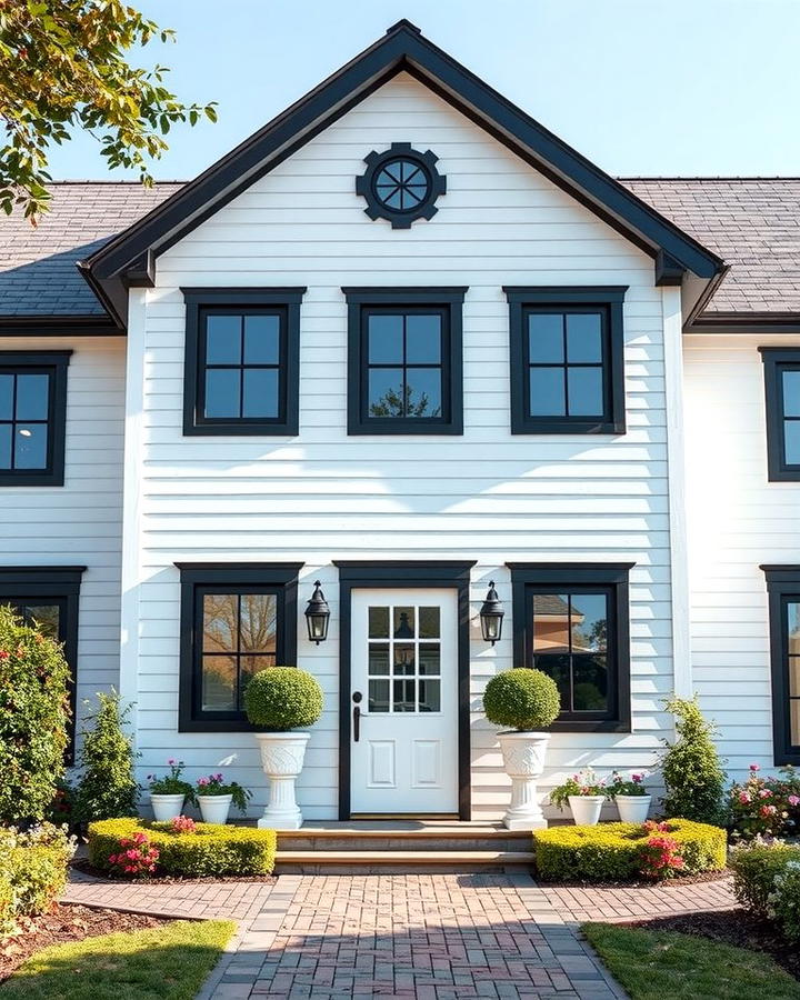 Black Trim Accents Around White Farmhouses - 25 White Farmhouse With Black Windows Ideas