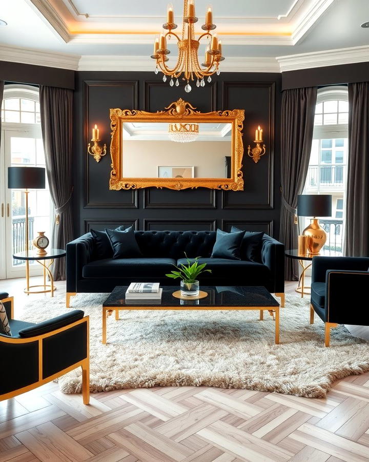 Black and Gold Accents - 30 Black Living Room Ideas