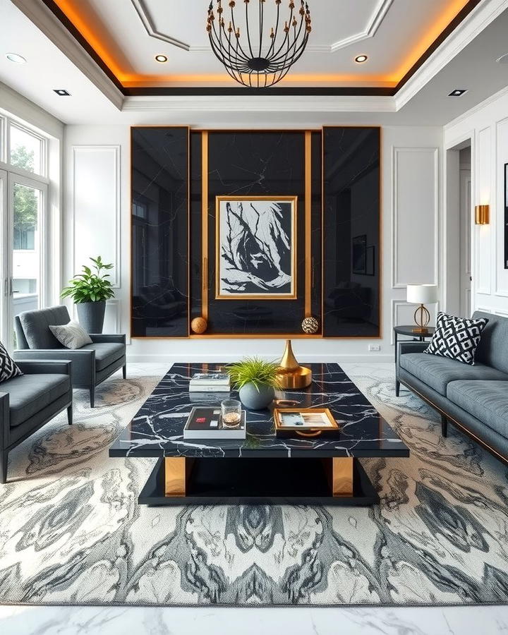 Black and Marble Combination - 30 Black Living Room Ideas