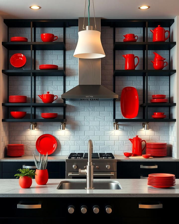 Black and Red Open Shelving - 25 red and black kitchen ideas