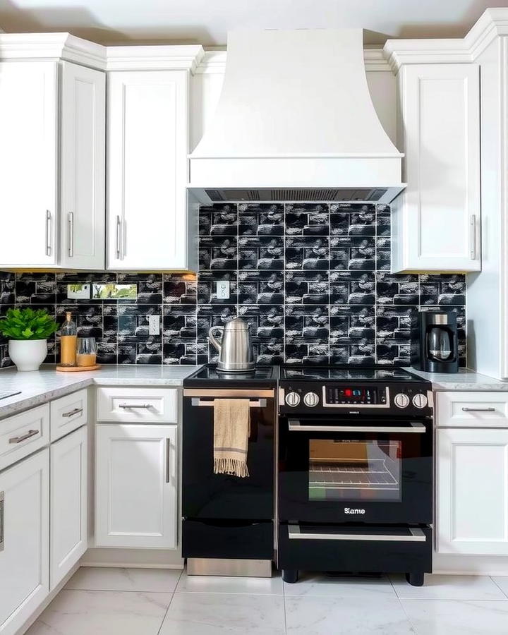 Black and White Backsplash for Added Dimension - 30 White Kitchen with Black Appliances Ideas