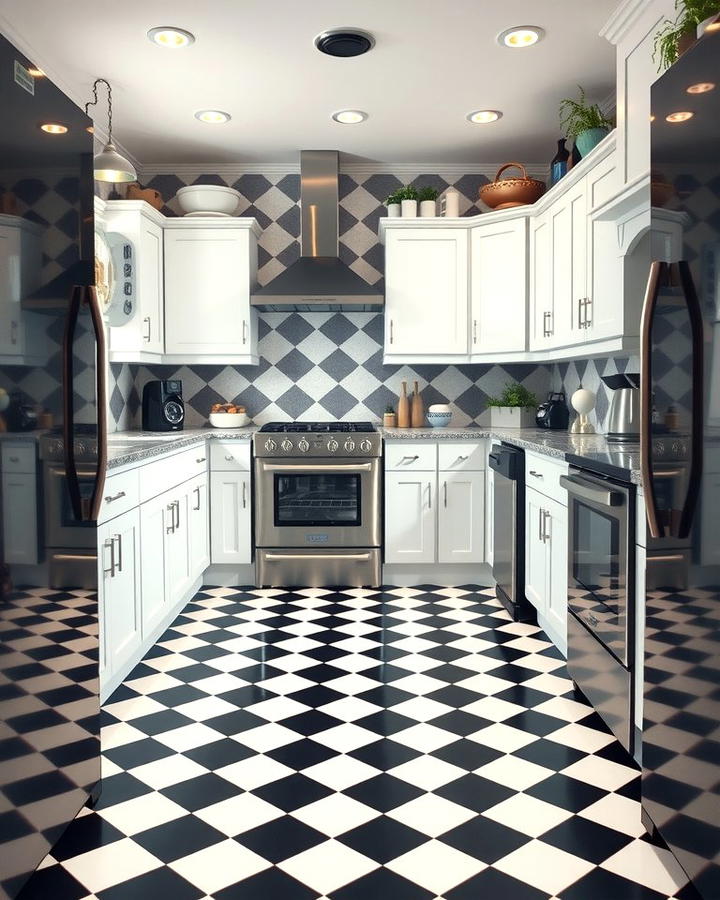 Black and White Checkered Flooring - 30 White Kitchen with Black Appliances Ideas