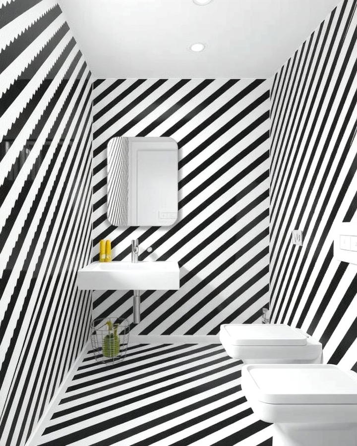 Black and White Diagonal Stripes - 30 Black and White Bathroom Tile Ideas