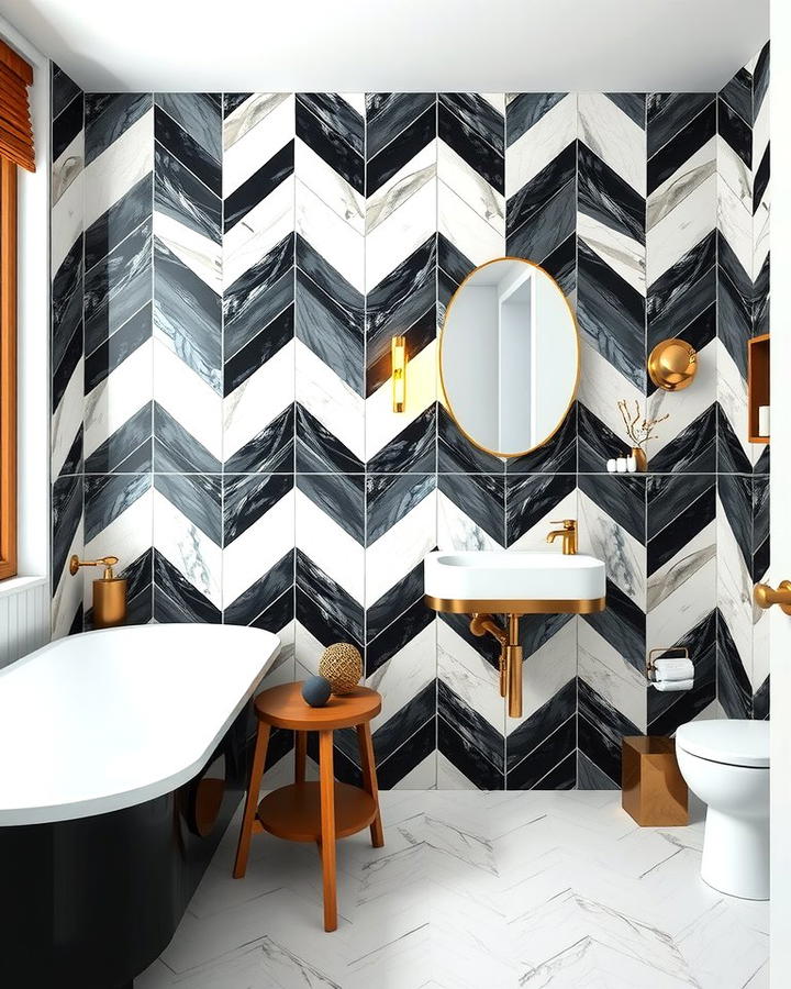 Black and White Herringbone Wall Tiles - 30 Black and White Bathroom Tile Ideas