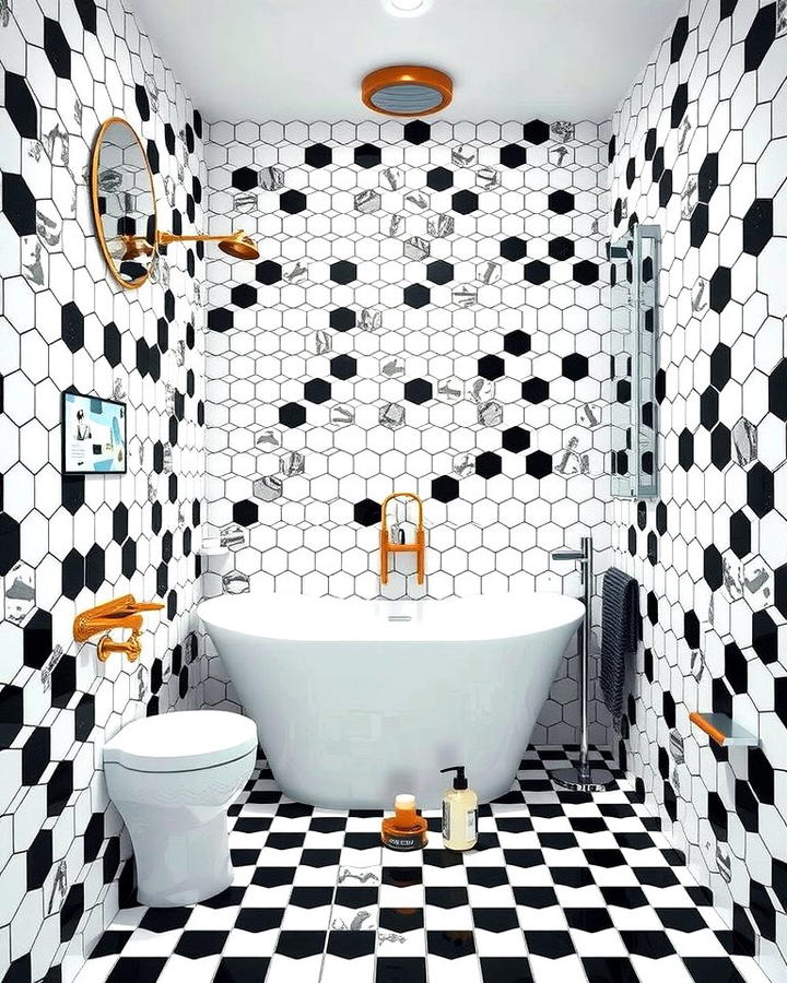 Black and White Hexagon Tiles - 30 Black and White Bathroom Tile Ideas