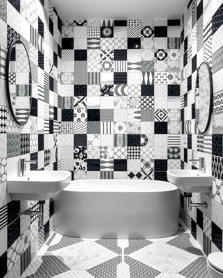 Black and White Patchwork Tiles - 30 Black and White Bathroom Tile Ideas