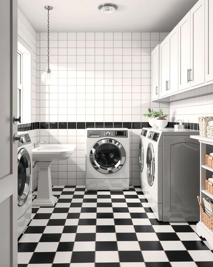 Black and White Tiles for Timeless Contrast - 30 Laundry Room Tile Ideas