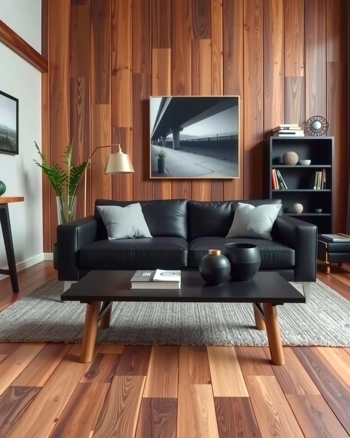 Black and Wood Elements - 30 Black Living Room Ideas