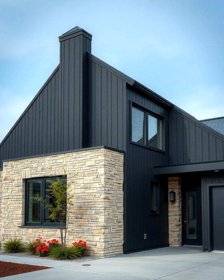 Black with Stone Accents - 25 Modern Black Houses